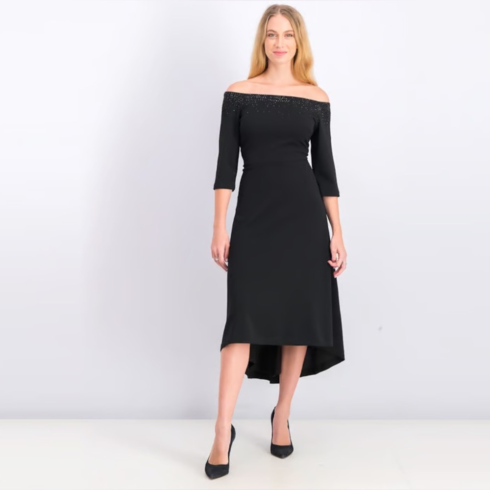 Calvin Klein Beaded Off Shoulder Formal Midi Dress